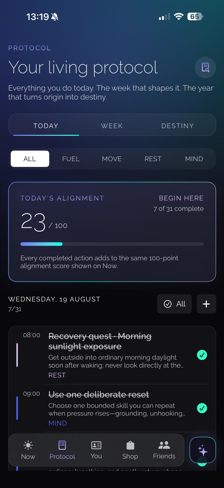 Re/Kin app: living protocol with today, week and destiny views