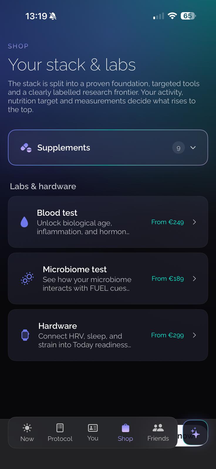 Re/Kin app: stack and labs with supplements, blood and microbiome tests